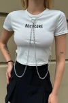 Beyaz Önü Zincirli Crop T-shirt (zck0791)