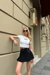 Kadın Beyaz Önü Zincirli Crop T-Shirt (zck0791)