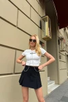 Kadın Beyaz Önü Zincirli Crop T-Shirt (zck0791)