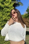 Kadın Ekru Ajurlu Triko Crop Kazak (zck0566)