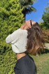 Kadın Ekru Ajurlu Triko Crop Kazak (zck0566)