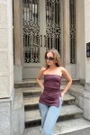 Kadın Bordo Deri Yanı Büzgülü Çift Yırtmaçlı Straplez Yılbaşına Özel Bluz (ZCKZC113)