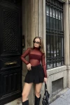 Kadın Bordo Boğazlı Tül Yılbaşına Özel Bluz (ZCK0201)