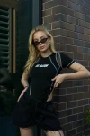 Kadın Siyah Kl Alien Baskılı Tül Detay Kısa Kollu Bodysuit (ZCKSS129)