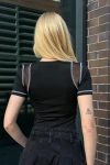 Kadın Siyah Kl Alien Baskılı Tül Detay Kısa Kollu Bodysuit (ZCKSS129)