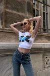 Kadın Beyaz Organik Pamuk Racing Babe Kısa Kollu Crop Bluz (ZCKSS096)