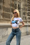 Kadın Beyaz Organik Pamuk Racing Babe Kısa Kollu Crop Bluz (ZCKSS096)
