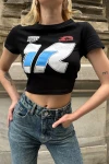 Kadın Siyah Organik Pamuk Racing Babe Kısa Kollu Crop Bluz (ZCKSS096)