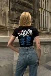 Kadın Siyah Organik Pamuk Racing Babe Kısa Kollu Crop Bluz (ZCKSS096)