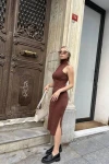 Kadın Kahverengi Midi Boy Dik Yaka Kalem Elbise (zck0571)