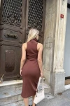Kadın Kahverengi Midi Boy Dik Yaka Kalem Elbise (zck0571)