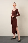 Kahverengi Uzun Kol Sütun Elbise