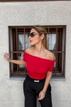Kadın Kırmızı Kayık Yaka Kısa Kollu Bluz (zck0794)
