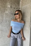 Kadın Mavi Kayık Yaka Kısa Kollu Bluz (zck0794)