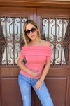 Kadın Pembe Kayık Yaka Kısa Kollu Bluz (zck0794)