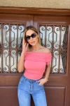 Kadın Pembe Kayık Yaka Kısa Kollu Bluz (zck0794)
