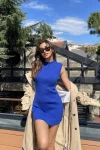 Kadın Saks Mavisi Triko Kolsuz Mini Boy Elbise (zck0559)