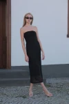 Siyah Desenli Straplez Tüllü Uzun Elbise (zck0742)