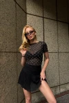 Kadın Siyah İnci Ve Detay Transparan Tül Kısa Kollu Crop Top Bluz (ZCK0965)