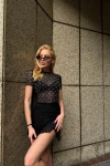 Kadın Siyah İnci Ve Detay Transparan Tül Kısa Kollu Crop Top Bluz (ZCK0965)