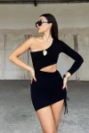Siyah Tek Kol Dekolteli Mini Elbise (zck0616)