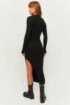 Siyah Uzun Kol Derin Yırtmaçlı Yarım Balıkçı Elbise (zck0720)