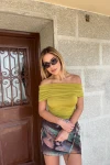 Kadın Yağ Yeşili Kayık Yaka Kısa Kollu Bluz (zck0794)