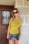 Kadın Yağ Yeşili Kayık Yaka Kısa Kollu Bluz (zck0794)