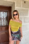Kadın Yağ Yeşili Kayık Yaka Kısa Kollu Bluz (zck0794)
