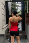 Kadın Kırmızı Yanı Büzgülü Çift Yırtmaçlı Straplez Yılbaşına Özel Bluz (ZCKSA309)