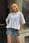 Kadın Beyaz Volanlı Oversize T-shirt (ZCKSS163)