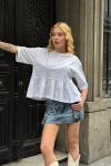 Kadın Beyaz Volanlı Oversize T-shirt (ZCKSS163)