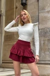Kadın Bordo Kuş Gözlü Fır fır Detaylı Etek (ZCKSS139)