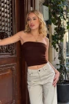 Kadın Koyu Kahverengi Katlamalı Straplez Bluz (ZCKSS130)