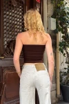 Kadın Koyu Kahverengi Katlamalı Straplez Bluz (ZCKSS130)